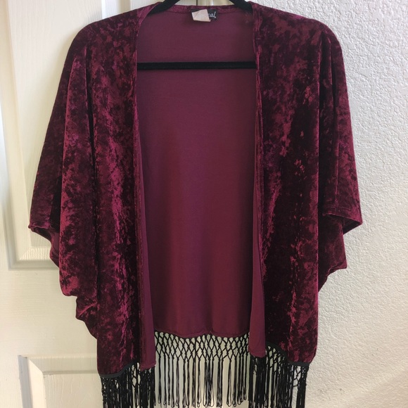 Velvet Burgundy Coverup with Fringe - Picture 1 of 2